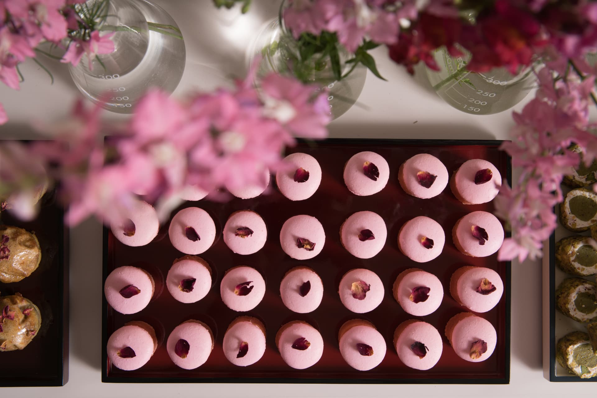 Pink macarons topped with rose petals on a tray beneath branches of pink flowers
