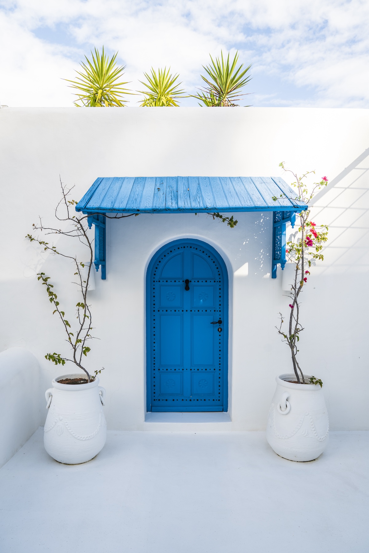 Outdoor entrance with a blue arched wooden door, awning and white planters
