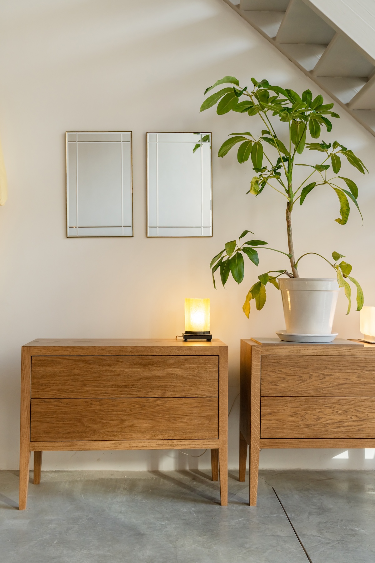 Wooden cabinets, framed mirrors and a potted plant beneath a staircase