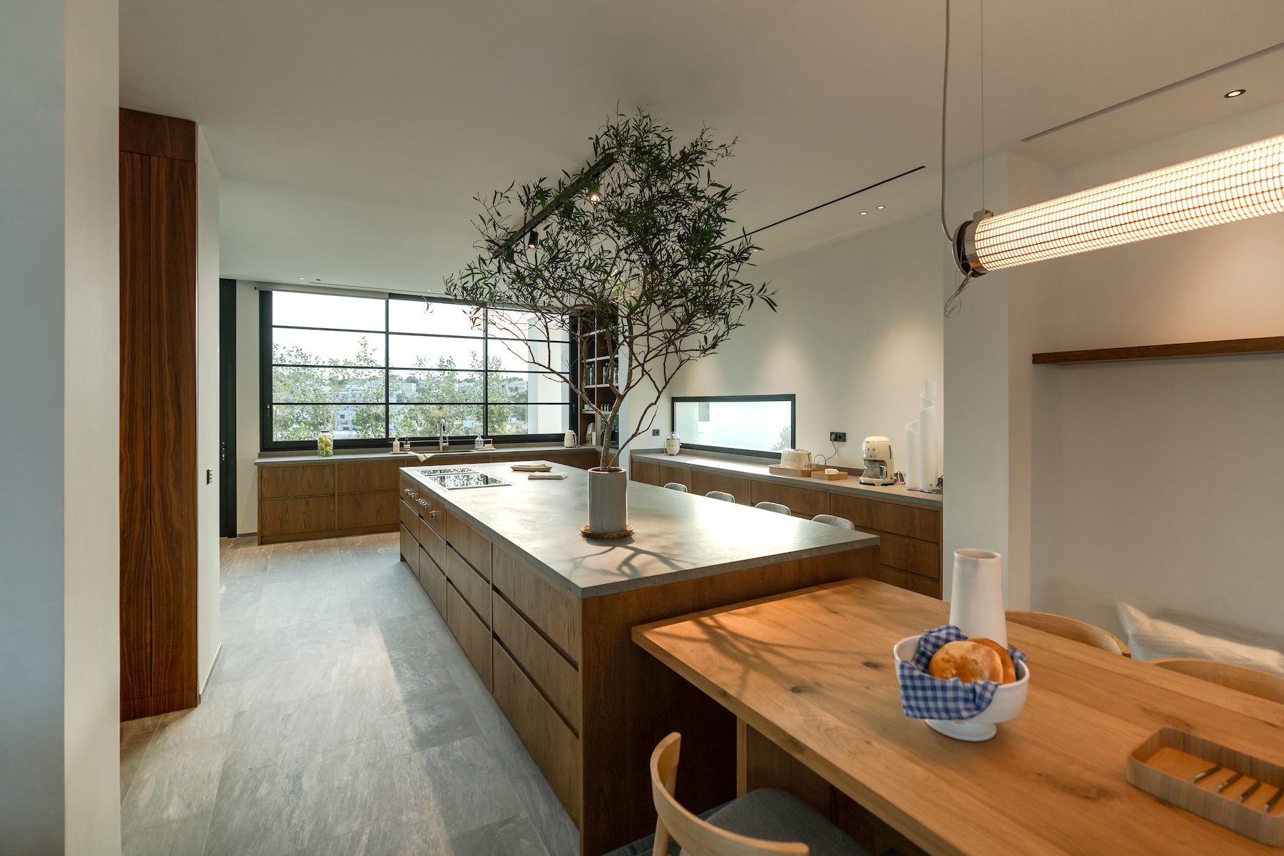 Kitchen and dining space with olive tree